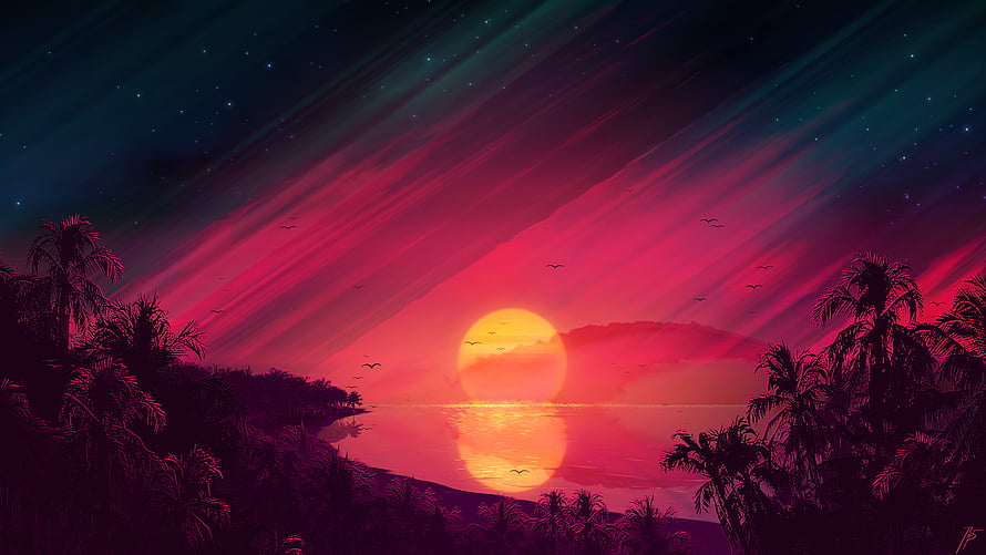 Neon Tropical Sunset Over Calm Water With Silhouetted Palm Trees and Starry Sky HD wallpaper