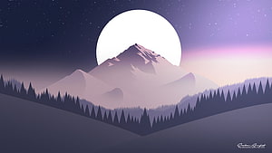 Minimalist Vector Landscape Featuring Snowy Peaks, Full Moon, and Starry Night Sky HD wallpaper