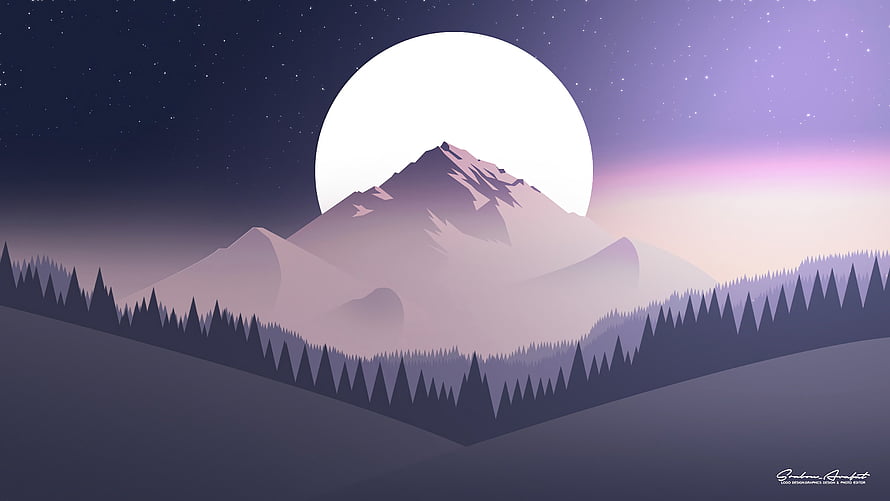 Minimalist Vector Landscape Featuring Snowy Peaks, Full Moon, and Starry Night Sky HD wallpaper