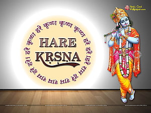 Hare Krishna Mantra with Lord Krishna Playing Flute and Sanskrit Hare Krsna Circle HD wallpaper