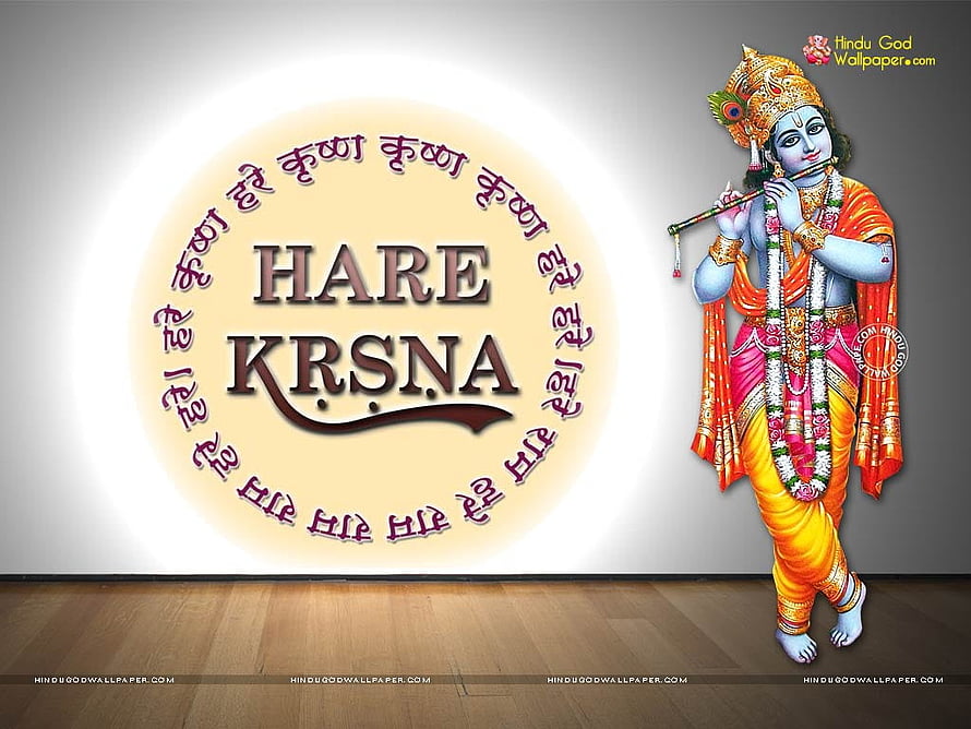 Hare Krishna Mantra with Lord Krishna Playing Flute and Sanskrit Hare Krsna Circle HD wallpaper