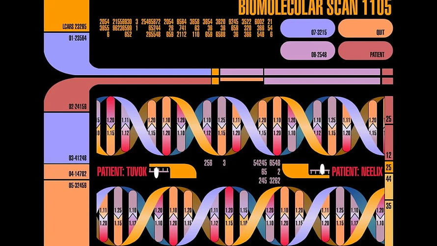 Star Trek LCARS Biomolecular Scan Interface with DNA Helix Visualization HD wallpaper