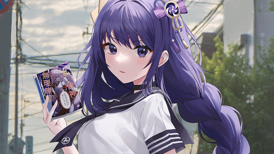 Raiden Shogun in School Uniform Holding a Book in Genshin Impact HD wallpaper