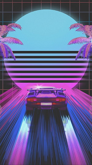 Retro 80s Synthwave Sports Car Driving Through Neon Sunset Grid Landscape HD phone wallpaper