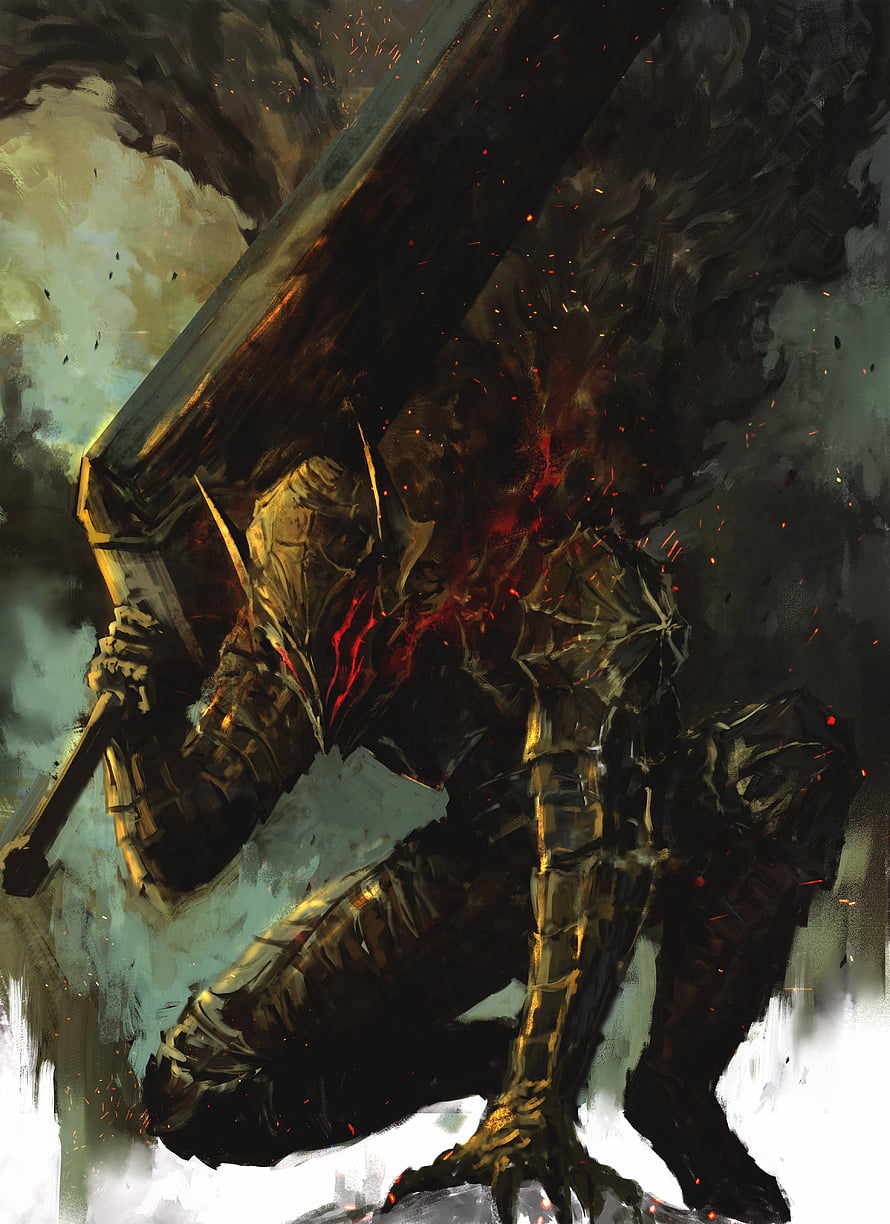 Guts in Berserker Armor Wielding Dragon Slayer Sword in Dark Fantasy Illustration HD phone wallpaper