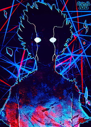 Mob Psycho 100 Character Silhouette with Neon Blue and Red Energy Lines HD phone wallpaper
