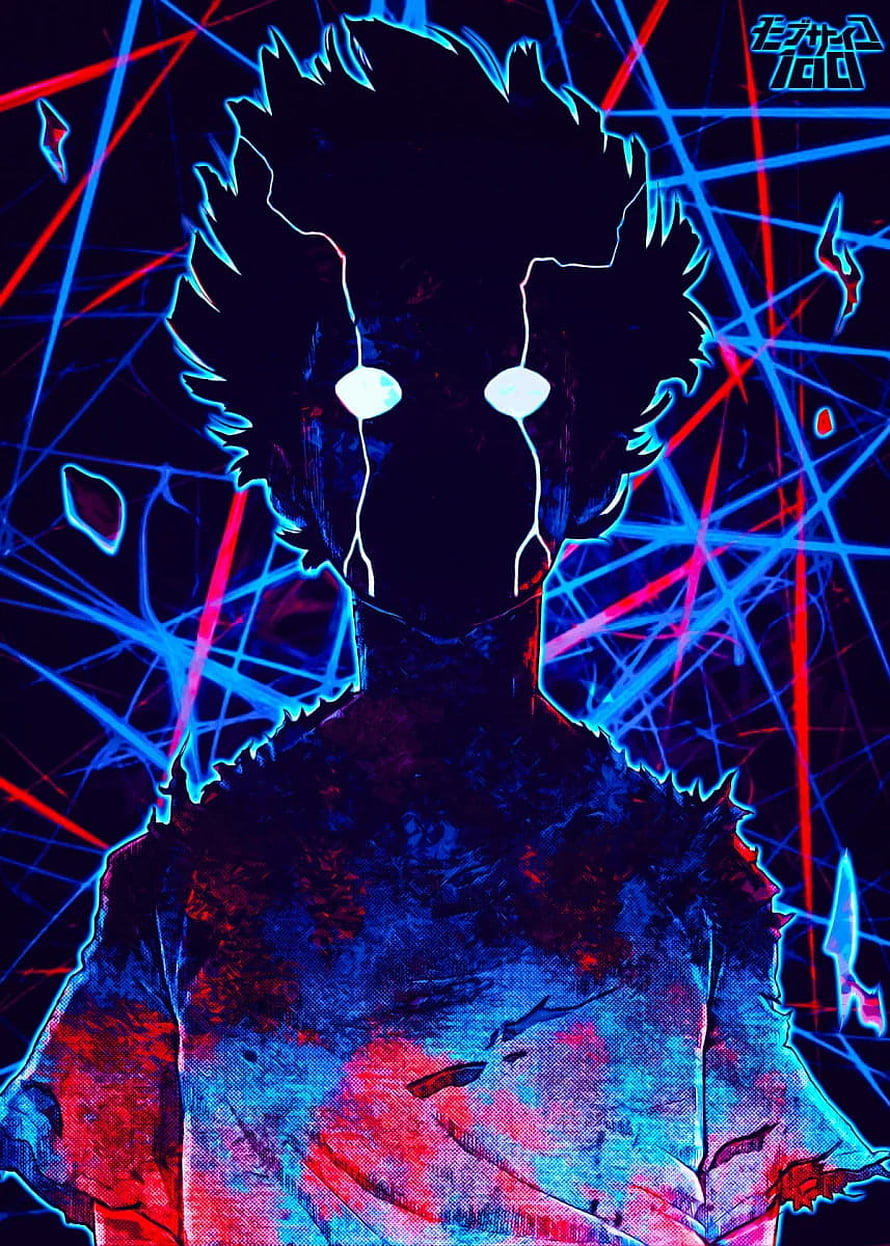 Mob Psycho 100 Character Silhouette with Neon Blue and Red Energy Lines HD phone wallpaper