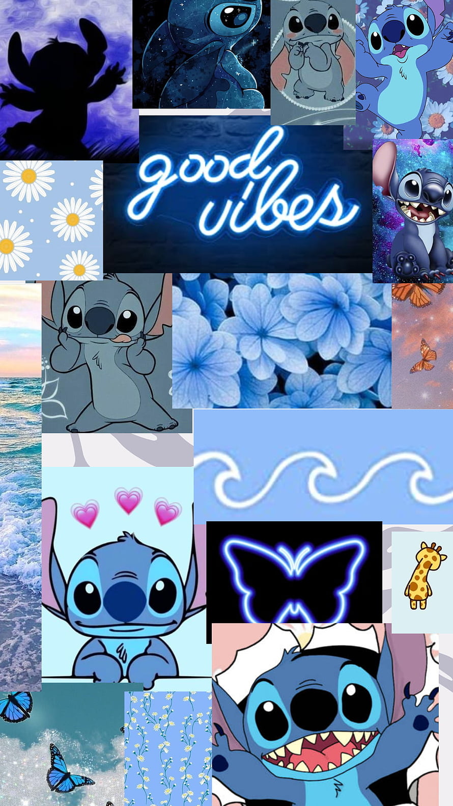 Stitch Aesthetic Collage with Blue Flowers, Butterflies, and Good Vibes Neon Text HD phone wallpaper