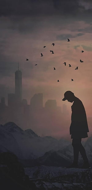 Solitary Silhouette on Snowy Ridge with Flock of Birds and Distant City Skyline at Dusk HD phone wallpaper