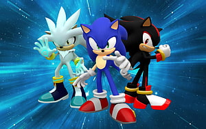 Sonic, Shadow, and Silver the Hedgehog in a Dynamic Blue Cosmic Pose HD wallpaper