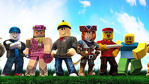 Roblox Avatar Characters Standing Together on Grass Under Blue Sky HD wallpaper
