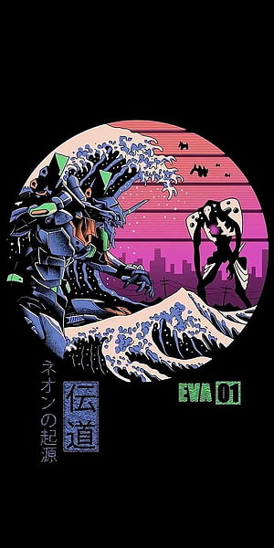 Evangelion Unit 01 and Angel in Retro Vaporwave Style with Japanese Wave Art HD phone wallpaper