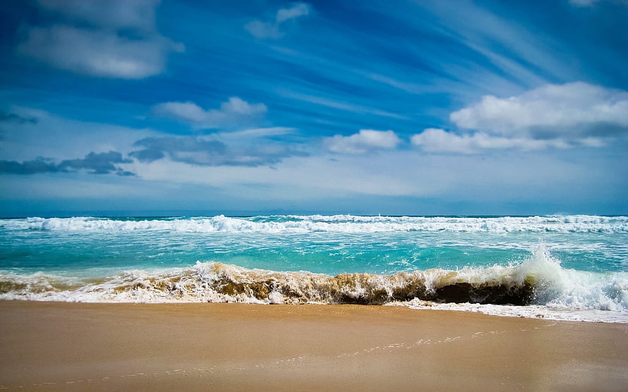 Tropical Beach Landscape With Turquoise Ocean Waves And Dramatic Blue Sky HD wallpaper