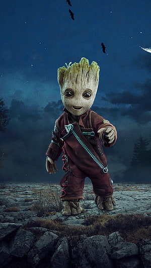 Baby Groot Standing on Rocky Terrain Under a Starry Night Sky with Bats HD phone wallpaper