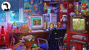 Retro 90s Gaming Room with Vintage Consoles, CRT Monitors, and Nostalgic Pop Culture Posters HD wallpaper