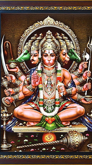 Panchmukhi Hanuman Five-Faced Deity with Sword and Trident in Ornate Golden Frame, Panchmukhi Hanuman, Jay Shree Ram HD phone wallpaper