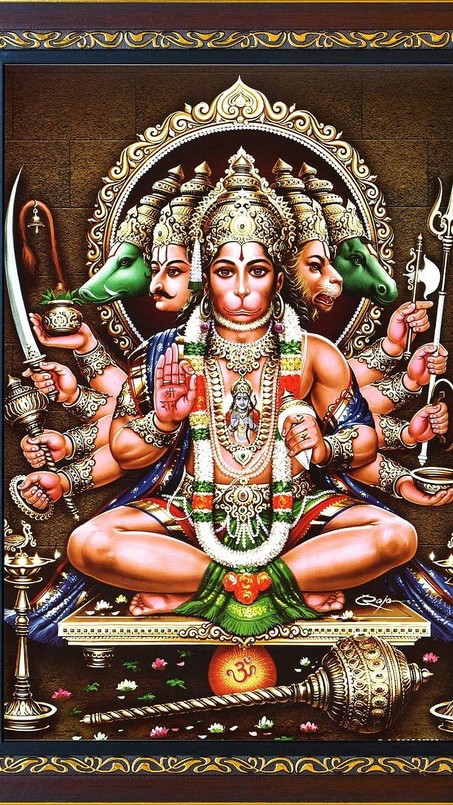 Panchmukhi Hanuman Five-Faced Deity with Sword and Trident in Ornate Golden Frame, Panchmukhi Hanuman, Jay Shree Ram HD phone wallpaper