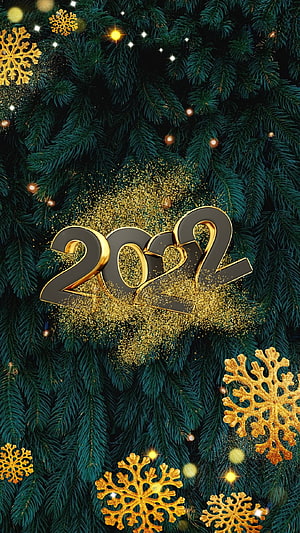 Elegant 2022 New Year Celebration with Golden Snowflakes on Pine Branches HD phone wallpaper