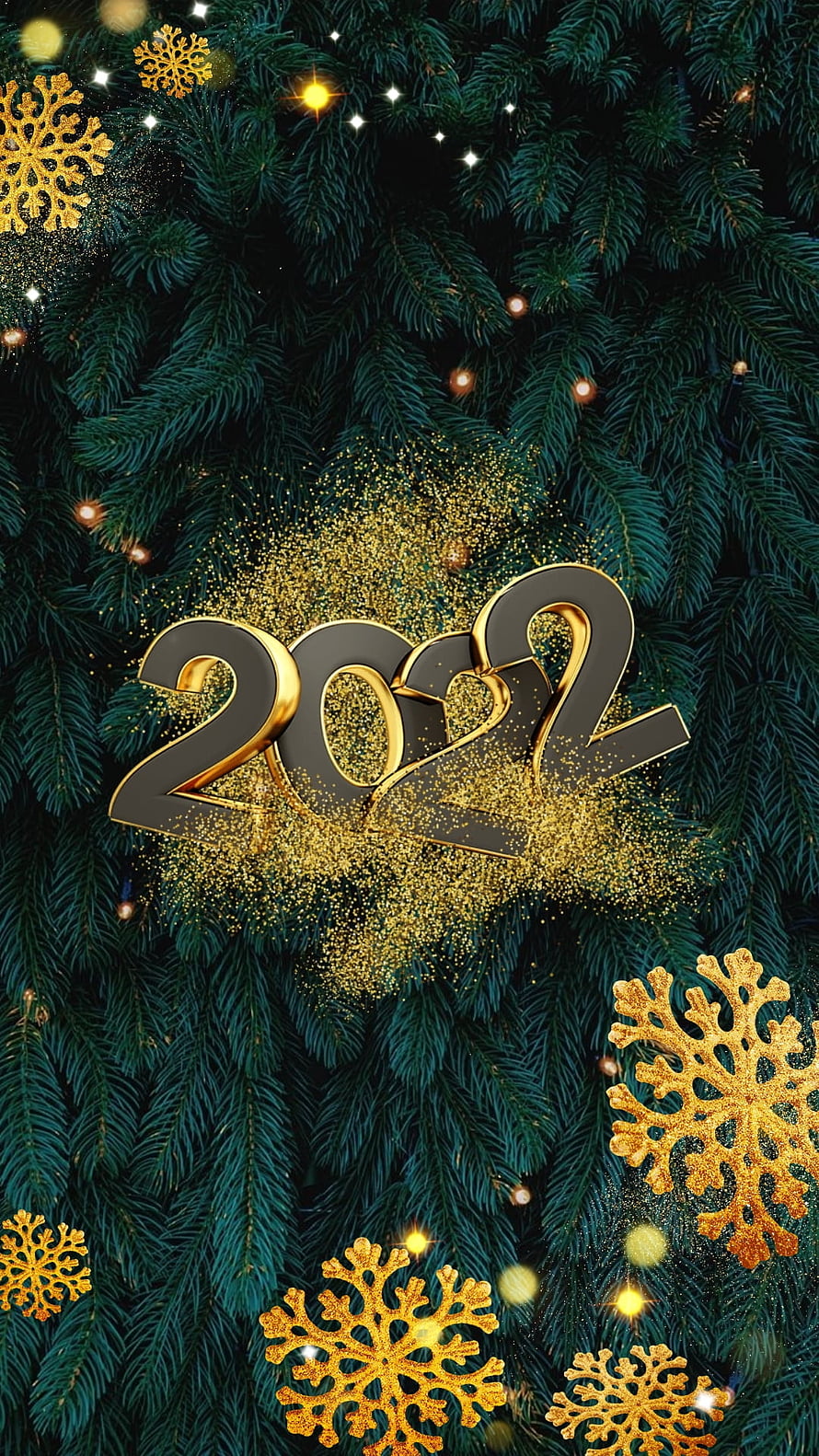 Elegant 2022 New Year Celebration with Golden Snowflakes on Pine Branches HD phone wallpaper