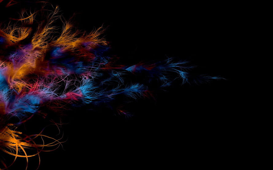 Vibrant abstract feather burst with glowing orange and blue light trails on a dark background HD wallpaper