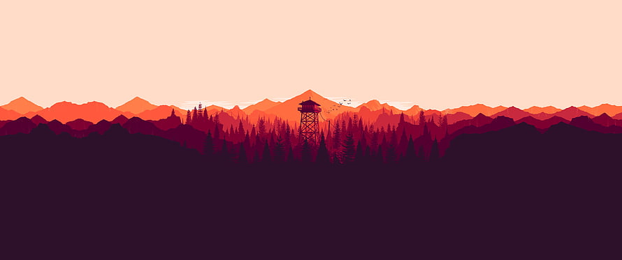 Firewatch Watchtower at Sunset Over Pine Forest and Mountain Range HD wallpaper