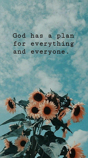 Inspirational Christian Quote Over Sunflowers Against a Cloudy Blue Sky HD phone wallpaper