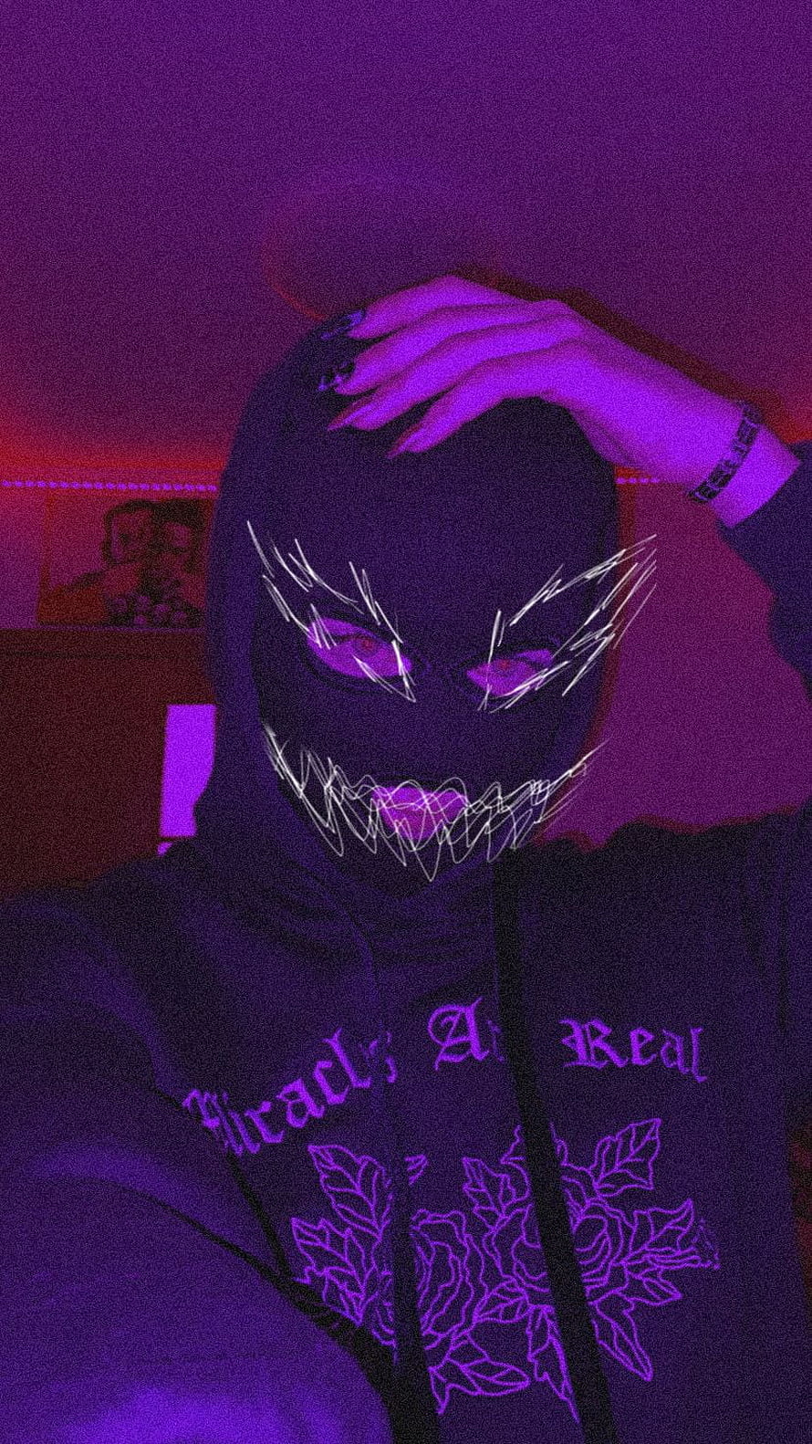 Phonk Aesthetic Portrait with Glitch Mask and Purple Neon Lighting HD phone wallpaper
