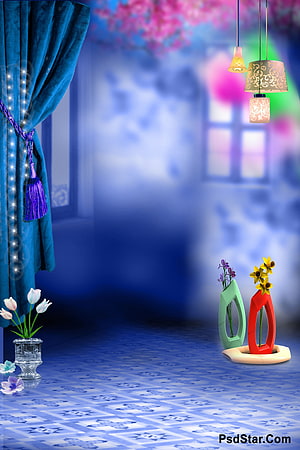 Dreamy Blue Interior with Floral Vases and Hanging Lamps HD phone wallpaper