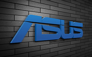 Asus 3D Logo on Dark Gray Brick Wall with Blue Branding and Industrial Texture HD wallpaper