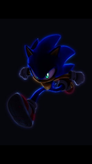 Sonic the Hedgehog Running in Dark Neon Glow with Green Eyes and Blue Spikes HD phone wallpaper