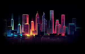 Neon-lit minimalist city skyline at night with vibrant synthwave colors and water reflections HD wallpaper