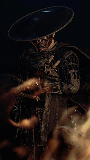 Jin Sakai in Dark Armor and Wide-Brimmed Hat from Ghost of Tsushima HD phone wallpaper