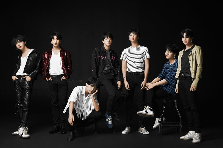 BTS Group Portrait in Black and White Studio Setting HD wallpaper