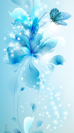 Ethereal Blue Butterfly and Glowing Floral Abstract Digital Art HD phone wallpaper