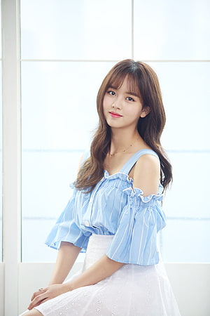 Kim So Hyun in a Light Blue Striped Off-Shoulder Blouse and White Skirt HD phone wallpaper
