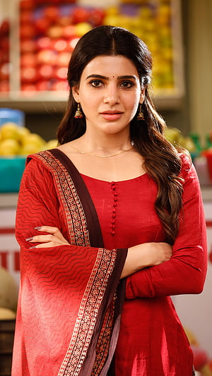 Samantha Akkineni in a red embroidered kurta with a patterned dupatta in a vibrant market setting HD phone wallpaper
