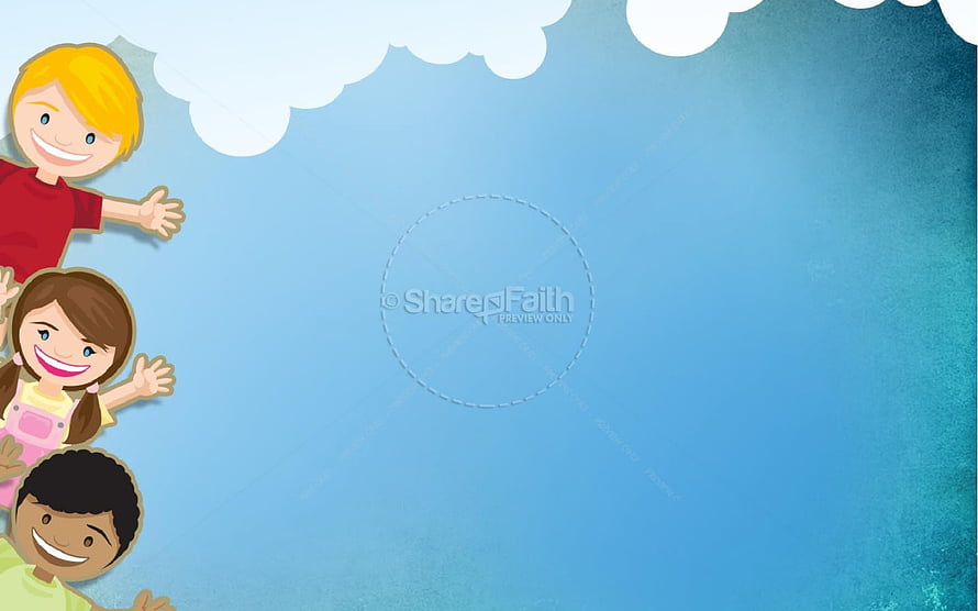 Cheerful cartoon children waving against a blue sky with clouds, ideal for Sunday school and youth ministry presentations HD wallpaper