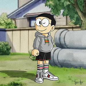 Nobita Nobi in Streetwear Hoodie and Sneakers Standing in a Suburban Backyard HD phone wallpaper