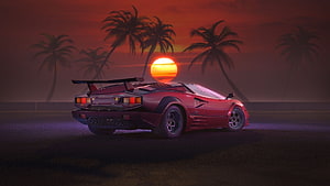 Red Lamborghini Countach in a Tropical Sunset Scene with Palm Trees and Retro Aesthetic HD wallpaper