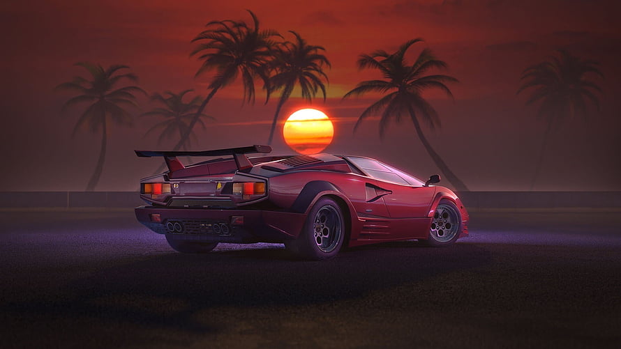 Red Lamborghini Countach in a Tropical Sunset Scene with Palm Trees and Retro Aesthetic HD wallpaper