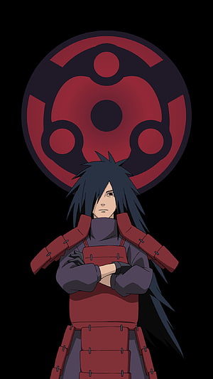 Uchiha Madara with Sharingan Symbol on Black Background HD phone wallpaper