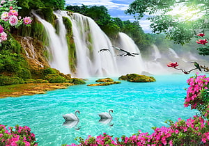 Serene Waterfall Scene With Swans, Birds, and Vibrant Pink Flowers in a Lush Green Forest HD wallpaper