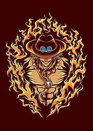 Portgas D Ace One Piece Character Vector Art with Fiery Flames and Cowboy Hat HD phone wallpaper