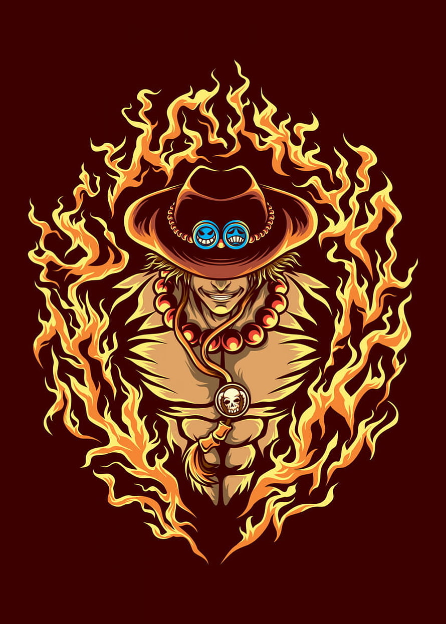 Portgas D Ace One Piece Character Vector Art with Fiery Flames and Cowboy Hat HD phone wallpaper