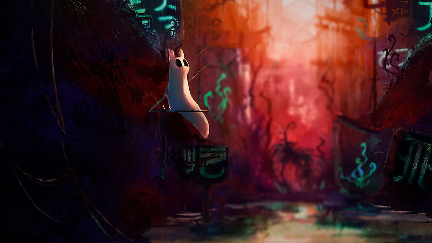 Rain World Slugcat Perched on a Pole in a Dark, Mysterious Ruined Environment HD wallpaper