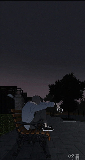 Lonely Anime Boy Sitting on Park Bench at Dusk with Phone in Hand HD phone wallpaper