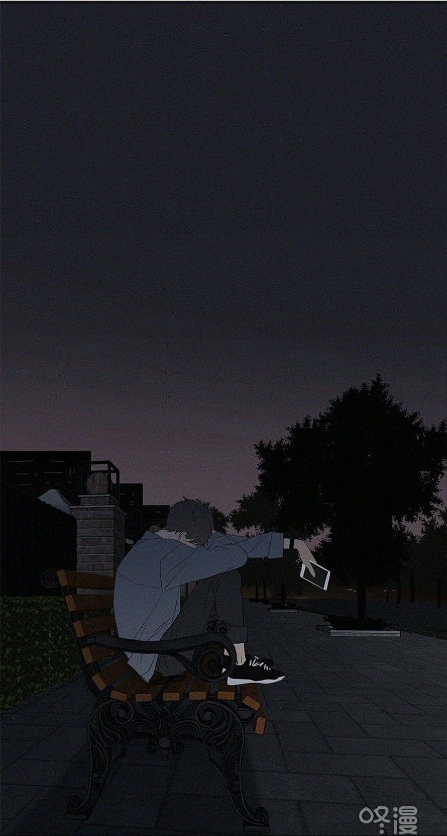 Lonely Anime Boy Sitting on Park Bench at Dusk with Phone in Hand HD phone wallpaper