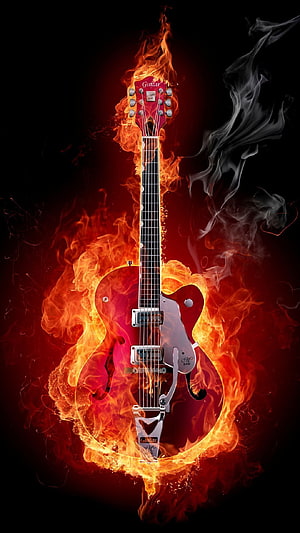 Red Electric Guitar Enveloped in Vivid Flames and Smoke on Black Background HD phone wallpaper
