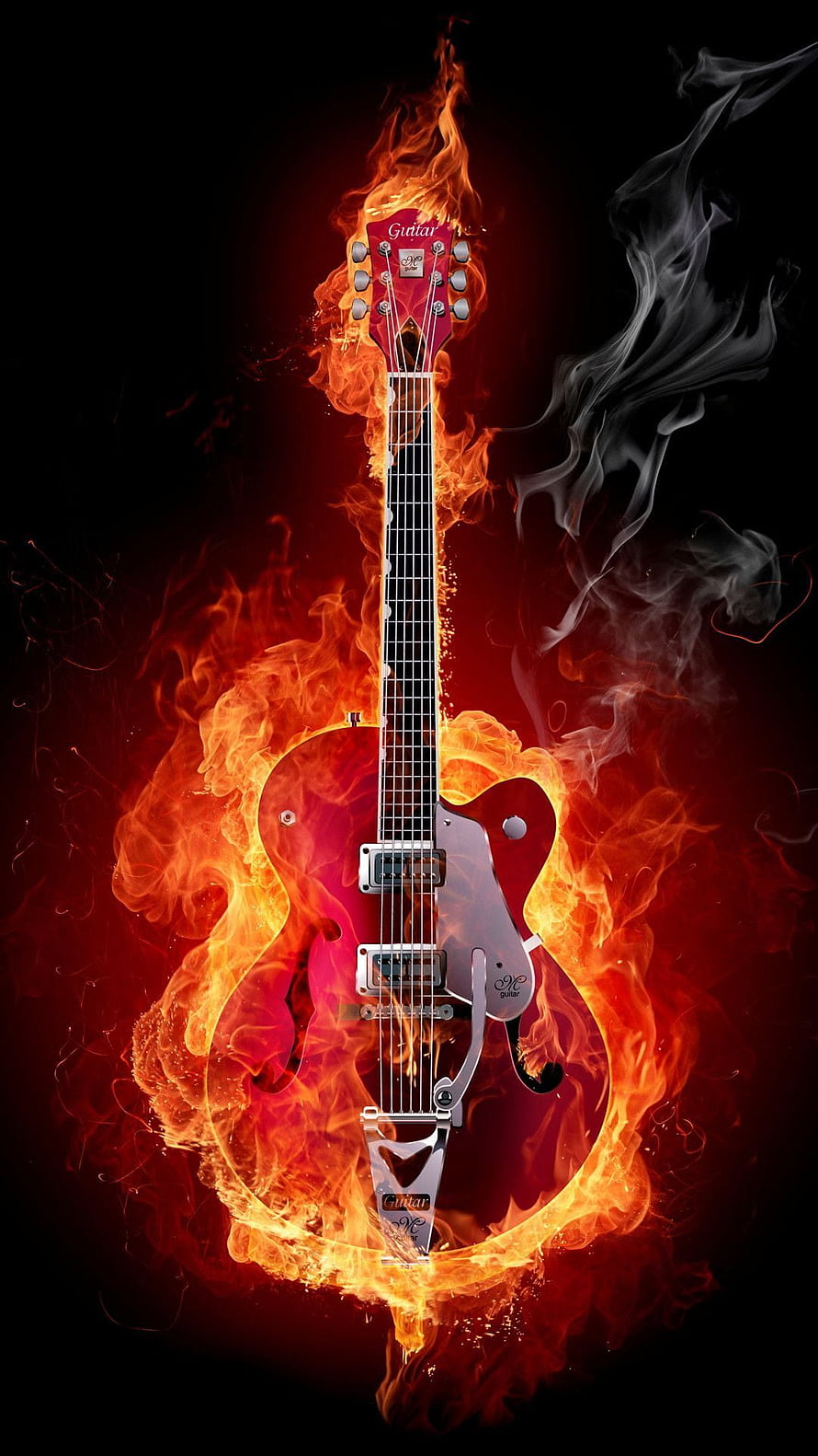 Red Electric Guitar Enveloped in Vivid Flames and Smoke on Black Background HD phone wallpaper