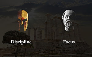 Ancient Greek Temple with Spartan Helmet and Marble Bust for Self Discipline HD wallpaper